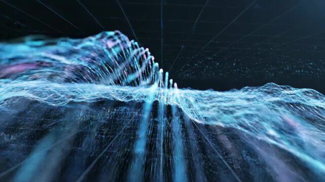 Dynamic digital visualization showcasing glowing wireframe landscapes and intricate data structures in a futuristic cyber environment
