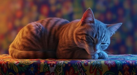Tabby cat napping on colorful floral patterned surface