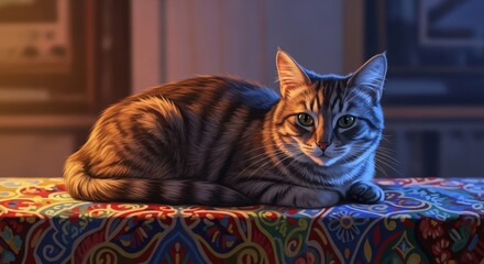 Tabby cat resting on colorful patterned surface