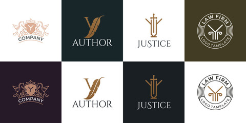A collection of elegant vintage-style logos featuring law firm emblems, company emblems, author monograms, and symbols of justice.