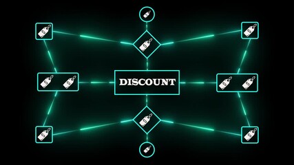 Discount promotion digital sales offer infographic with neon price reduction concept, marketing campaign structure and customer saving strategy visualization.