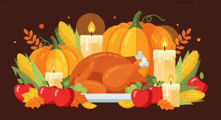 Thanksgiving still life with turkey, pumpkins, and candles