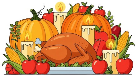 Thanksgiving still life with turkey, pumpkins, apples and candles