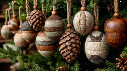A close-up of rustic Christmas ornaments made from natural materials like pinecones, wood, and yarn, hanging on a green fir tree with warm lights.