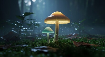 Fototapeta premium Two glowing mushrooms in a mystical forest