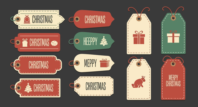 Vintage Christmas Gift Tags and Labels Collection. Festive Holiday Season Design Elements with Retro Rustic Style for Presents & Decoration.