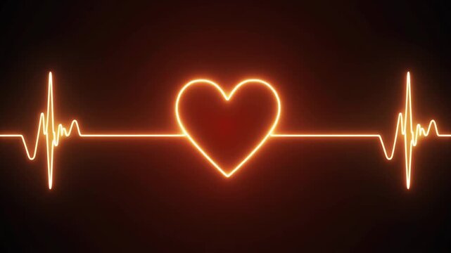Vibrant neon heartbeat pulse trace with a central heart shape, illustrating the rhythm of love, life, and vitality on a dark background