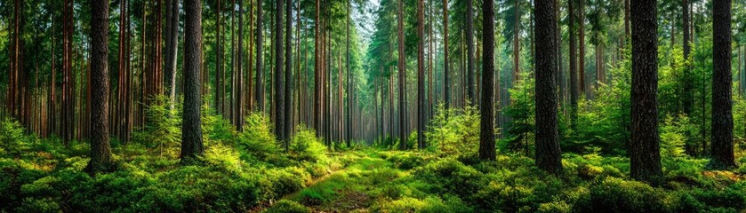 Fototapeta premium Forest managed sustainably with fsc certification concept. Lush forest with tall trees and vibrant greenery, serene atmosphere.