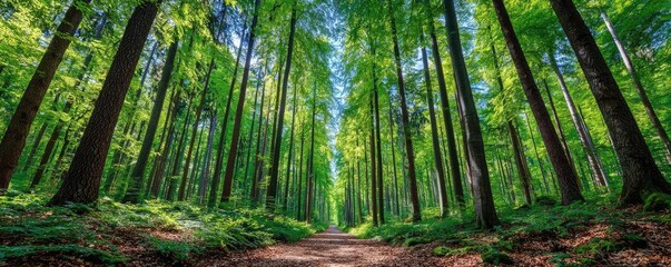 Forest managed sustainably with fsc certification concept. Serene forest path with lush green trees and vibrant foliage.