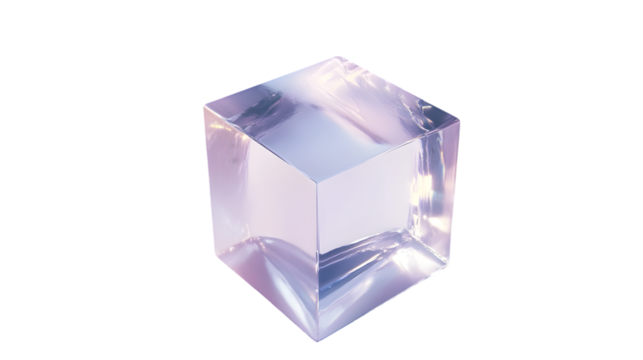 A clear, translucent cube with a subtle purple and blue tint, reflecting light and creating a modern, abstract geometric shape, isolated on transparent background - Powered by Adobe
