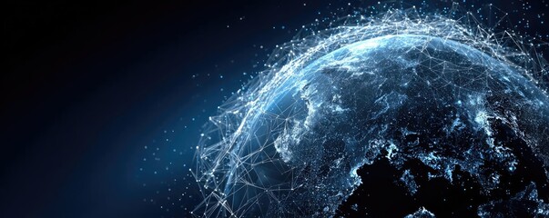 Abstract polygonal earth hologram on dark blue background concept. A digital representation of a connected globe with bright lines.
