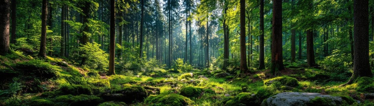 Forest managed sustainably with fsc certification concept. Lush green forest with sunlight filtering through the trees.