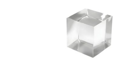 A clear transparent glass cube with reflections and refractions, showcasing its geometric shape and pristine surface, isolated on transparent background