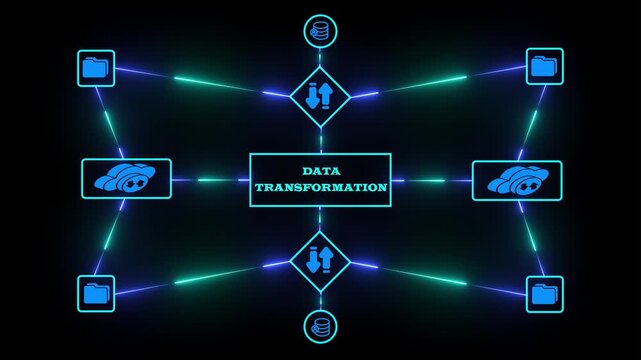 Data transformation and digital modernization infographic with neon futuristic visualization of structured analytics, integration process and connected system workflow. - Powered by Adobe