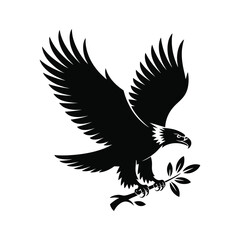 Obraz premium Black silhouette of an eagle with open wings holding an olive branch in its talons