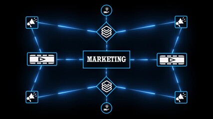 Marketing planning and promotional campaign infographic showing neon network icons, analytics, advertising strategy and customer engagement workflow. - Powered by Adobe