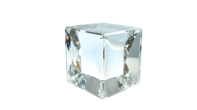 A single, perfectly formed transparent cube, possibly ice or glass, with sharp edges and reflective surfaces, isolated on transparent background