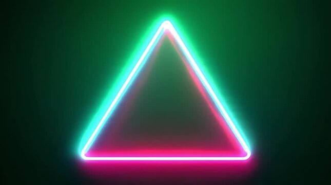 Green and pink neon triangle on a dark screen background, abstract geometric glow - Powered by Adobe