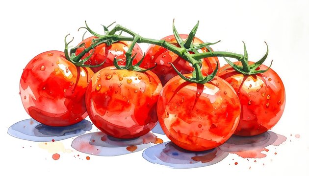 Ripe red tomatoes with water droplets on a vine.