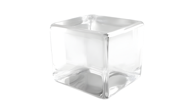 Transparent empty clear glass cube container, perfect for floral arrangement, home decor, or office organization, isolated on transparent background