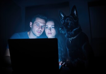 Couple and pet dog intensely watching laptop screen in dark room with blue light