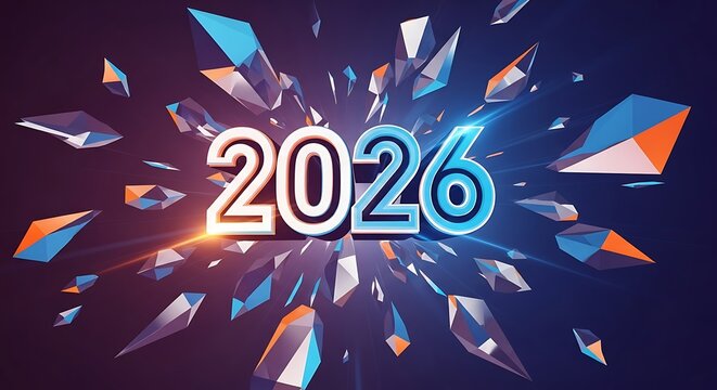 Dynamic 2026 text surrounded by energetic shattering fragments, symbolizing a bold new future and exciting breakthroughs and progress