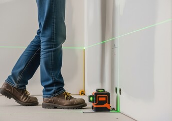 Professional man in work boots operating a laser level for accurate building project