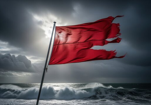 Dramatic tattered red flag waving violently in a fierce storm over rough ocean waves