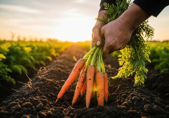 Farmer hands harvesting fresh carrots from rich soil in a sunny field