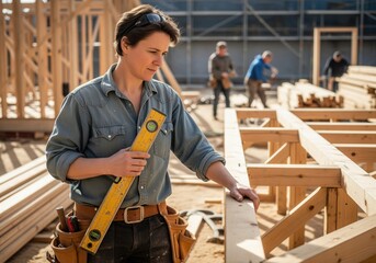 Fototapeta premium Skilled woman carpenter inspecting wooden frame construction with a spirit level
