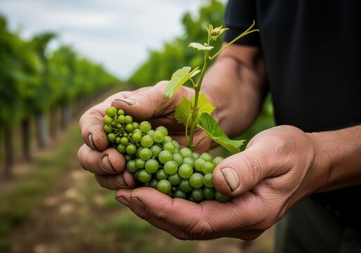 Winemaker weathered hands gently cradle young green grapes in a vineyard