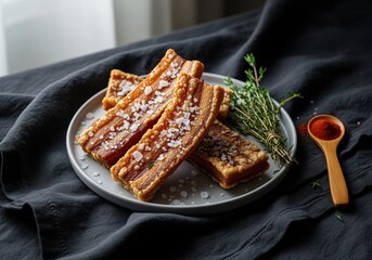 Golden crispy pork belly cracklings seasoned with flaky sea salt and fresh thyme