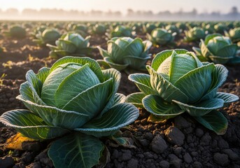 Fresh green cabbage heads with frost growing in an agricultural field at sunrise