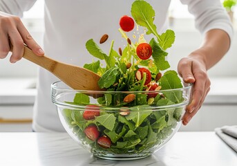 Tossing vibrant green salad with cherry tomatoes and almonds in a clear glass bowl