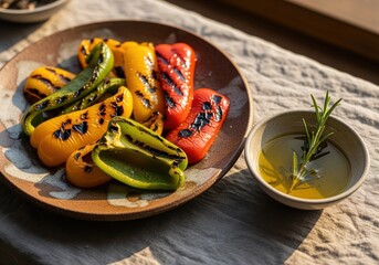 Healthy grilled bell peppers in vibrant colors on a rustic plate with herb infused oil