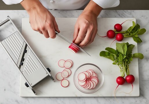 Professional chef slicing fresh radishes on marble cutting board with mandoline