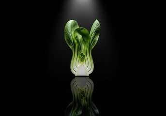 Artistic low key still life, fresh baby bok choy sliced on reflective black