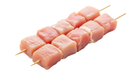 Raw chicken cubes on skewers ready for grilling isolated PNG with Transparent Background