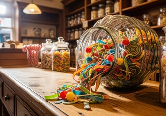 Vintage glass jar overflowing with assorted colorful candy and lollipops in a sweet shop