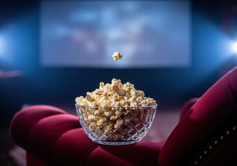 Levitating popcorn above crystal bowl on red armchair in dark cinema setting