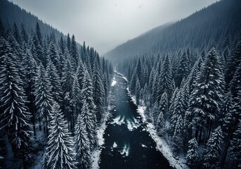 Majestic winter forest with snow covered fir trees and winding river from aerial view