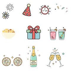 Cute New Year Celebration Food and Drink Vector Set