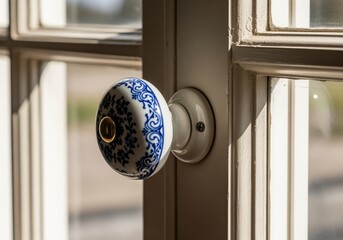 Exquisite vintage porcelain window knob with ornate blue floral design on white frame