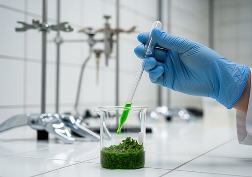 Scientist gloved hand using pipette to extract green plant liquid in laboratory