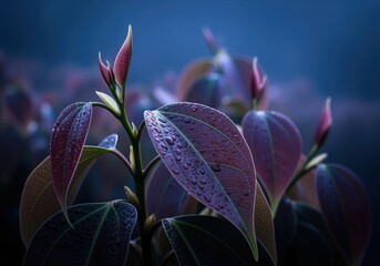 Cinematic close up of fresh cinnamon leaves with dew drops in deep lavender and purple hues