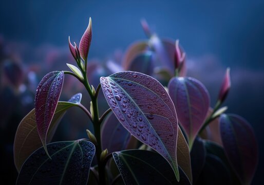 Cinematic close up of fresh cinnamon leaves with dew drops in deep lavender and purple hues - Powered by Adobe
