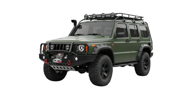 Dark green SUV with roof rack and off-road equipment isolated PNG with Transparent Background