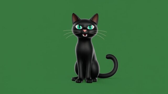 Vibrant 3D Render of a Hissing Black Cat with Striking Green Eyes on a Solid Green Background Perfect for Playful or Spooky Designs