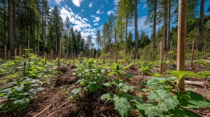 Forest managed sustainably with fsc certification concept. Lush greenery in a rejuvenated forest under a bright blue sky.