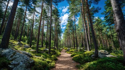 Fototapeta premium Forest managed sustainably with fsc certification concept. A serene forest pathway surrounded by towering pine trees.